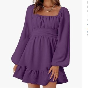 Long Lantern Sleeve Square Neck Tie Backless Dress Ruffle Elastic Waist Dress